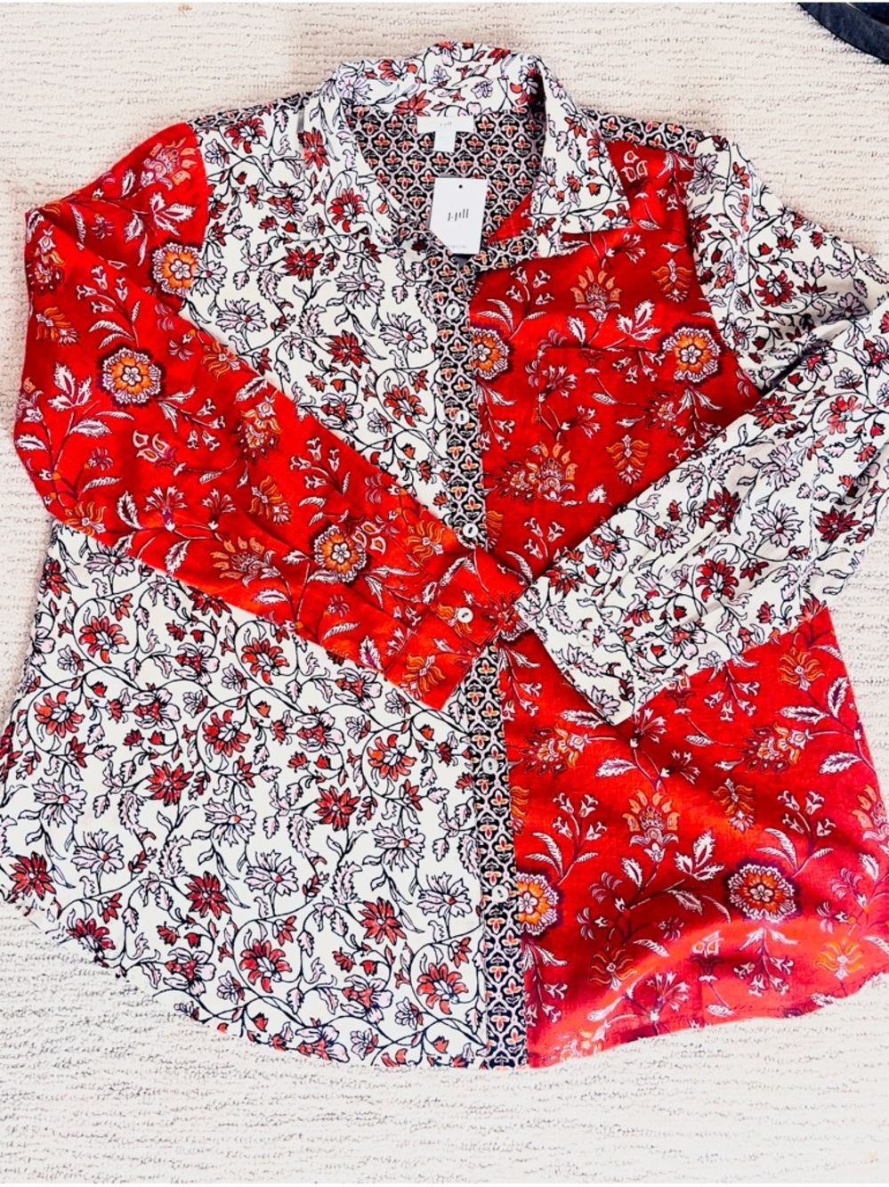 J. Jill Red & White Floral Patchwork Button-Down